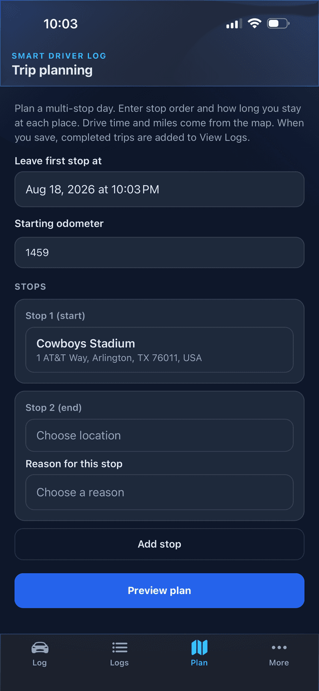 Trip planning screen with multiple stops and dwell times